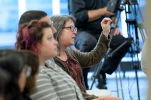 Audience members ask questions during the 2023 Shirley G. Wassong Lecture "Made You Look: Attention, Perception, and Your Lived Experience."